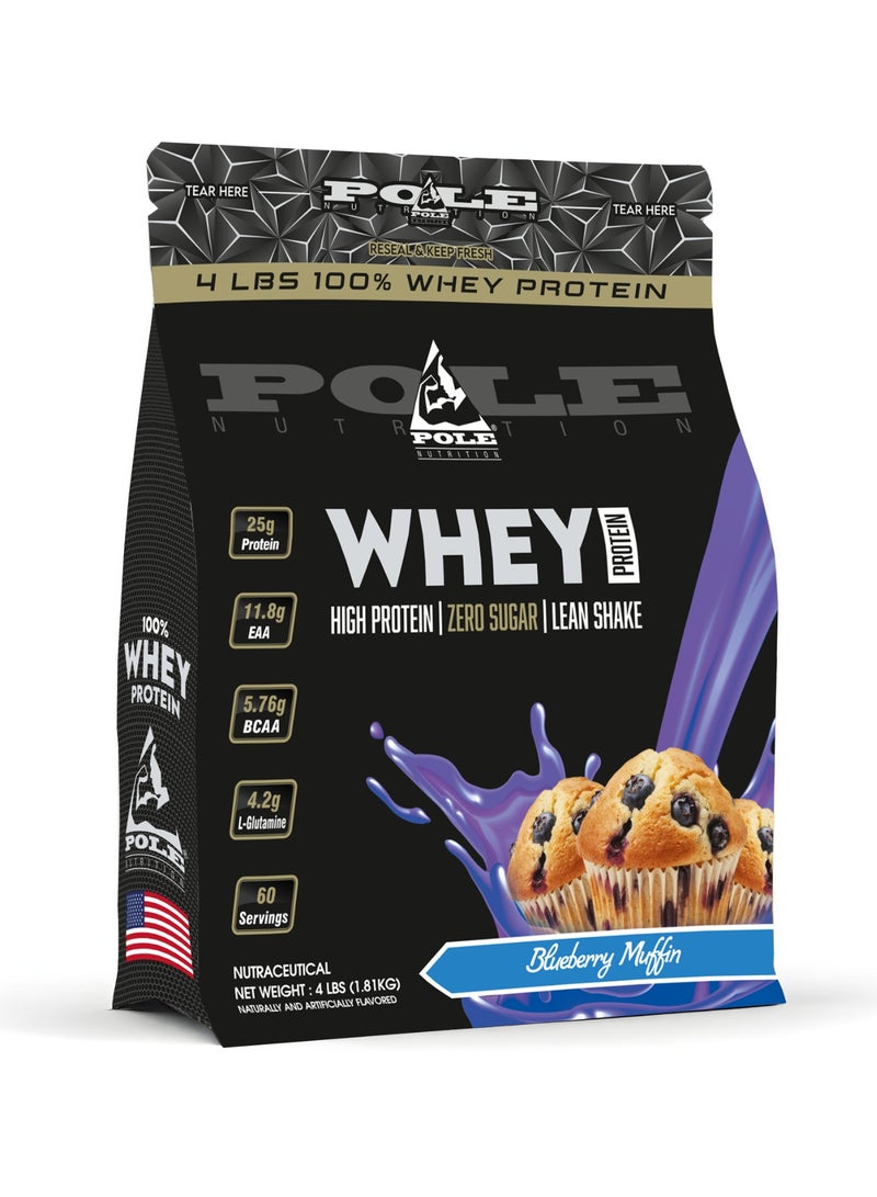 POLE NUTRITION 100% Whey Protein 4 lbs (1.81kg) - High Protein Lean Shake with Zero Sugar (Blueberry Muffin) - Image 1